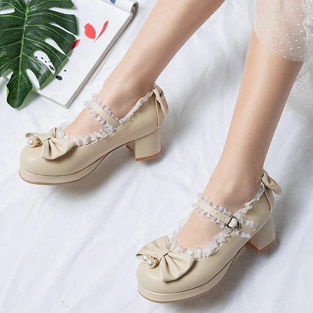 LUXMAX Women Kawaii Mid Block Heel Mary Jane Rockabilly Pumps with Bow Platform Chunky Heel Cute Sweet Shoes