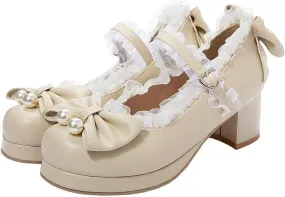LUXMAX Women Kawaii Mid Block Heel Mary Jane Rockabilly Pumps with Bow Platform Chunky Heel Cute Sweet Shoes