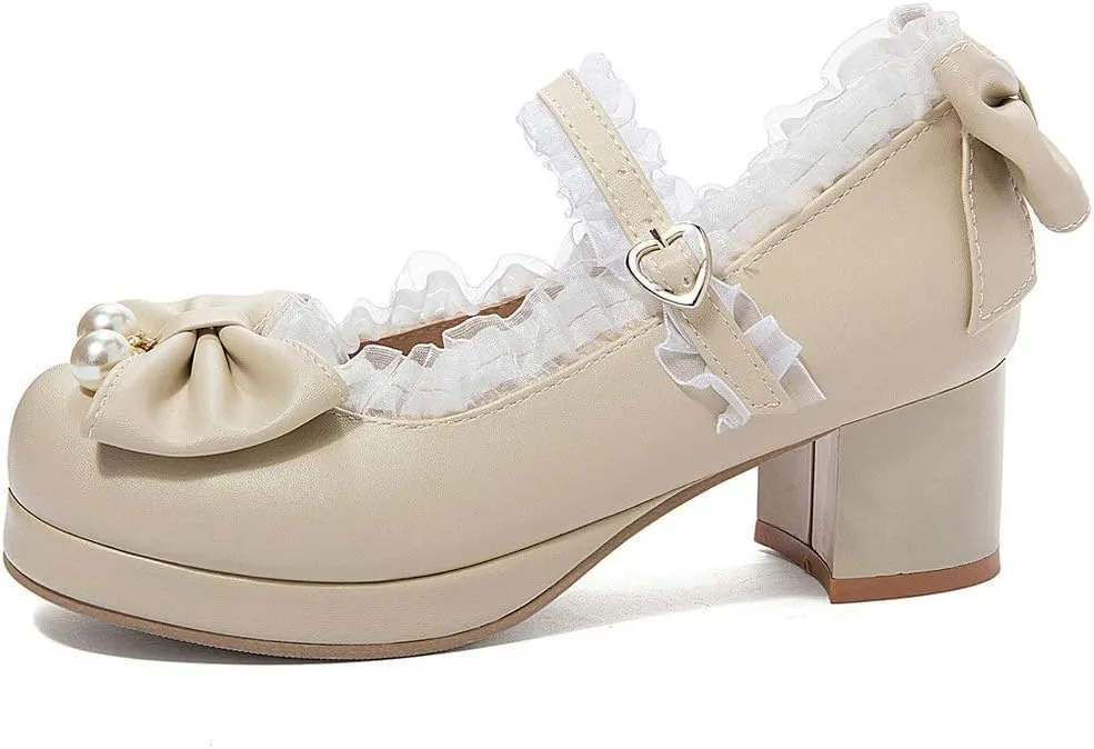 LUXMAX Women Kawaii Mid Block Heel Mary Jane Rockabilly Pumps with Bow Platform Chunky Heel Cute Sweet Shoes