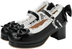 LUXMAX Women Kawaii Mid Block Heel Mary Jane Rockabilly Pumps with Bow Platform Chunky Heel Cute Sweet Shoes