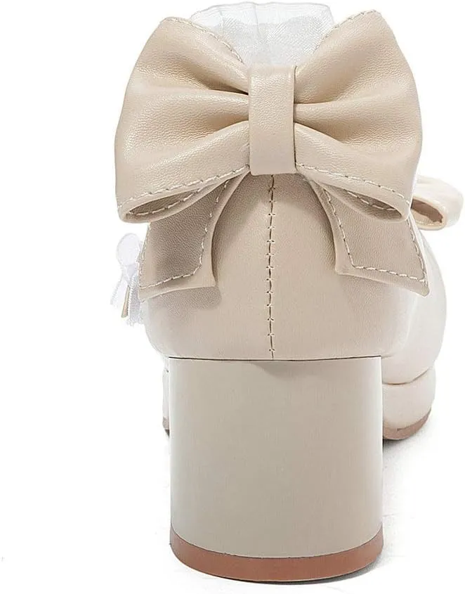 LUXMAX Women Kawaii Mid Block Heel Mary Jane Rockabilly Pumps with Bow Platform Chunky Heel Cute Sweet Shoes