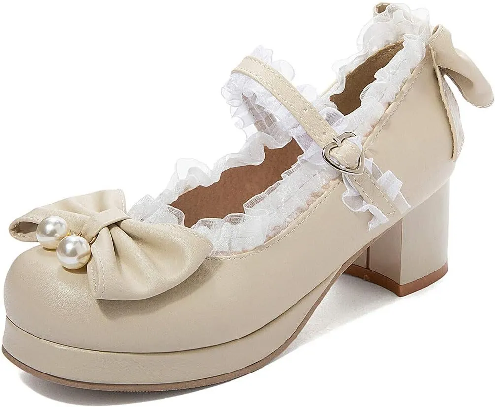 LUXMAX Women Kawaii Mid Block Heel Mary Jane Rockabilly Pumps with Bow Platform Chunky Heel Cute Sweet Shoes