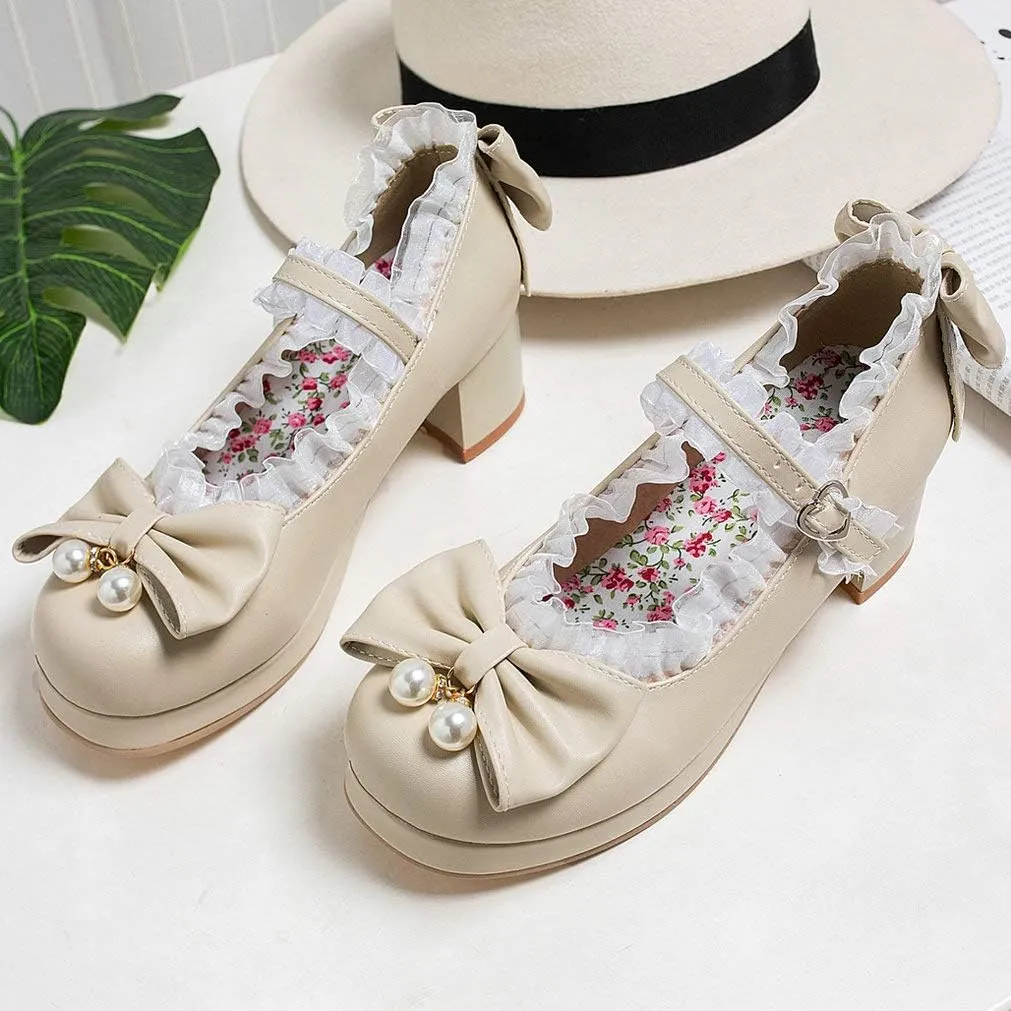 LUXMAX Women Kawaii Mid Block Heel Mary Jane Rockabilly Pumps with Bow Platform Chunky Heel Cute Sweet Shoes