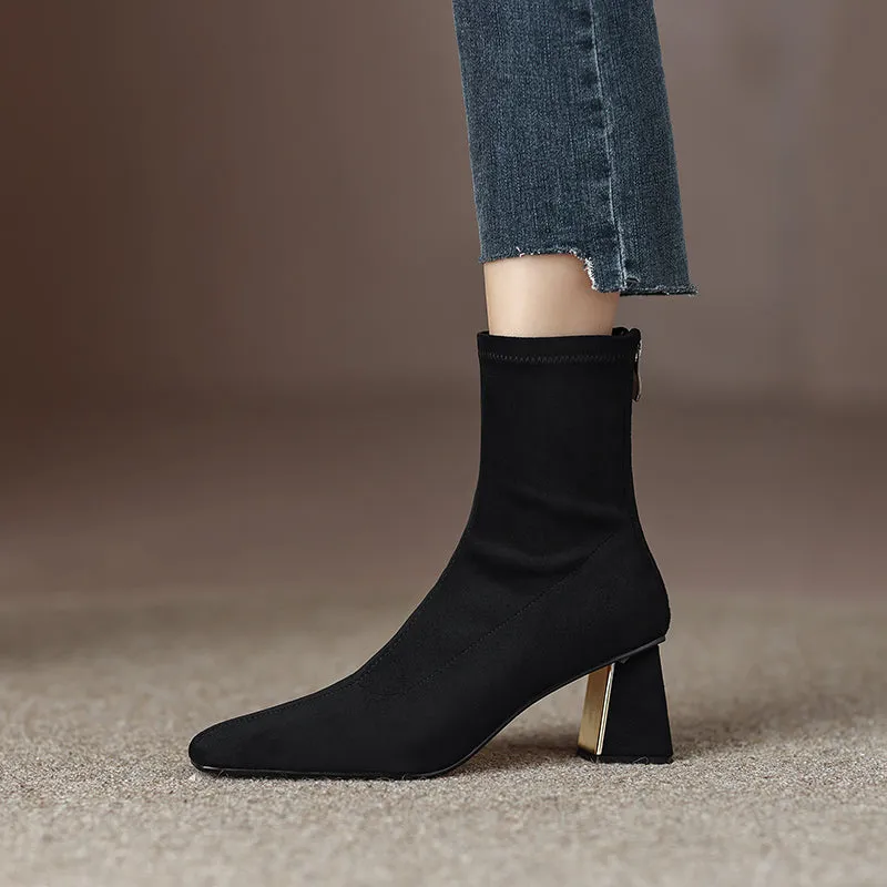 Mae Black Square Toe Sock Ankle Boots