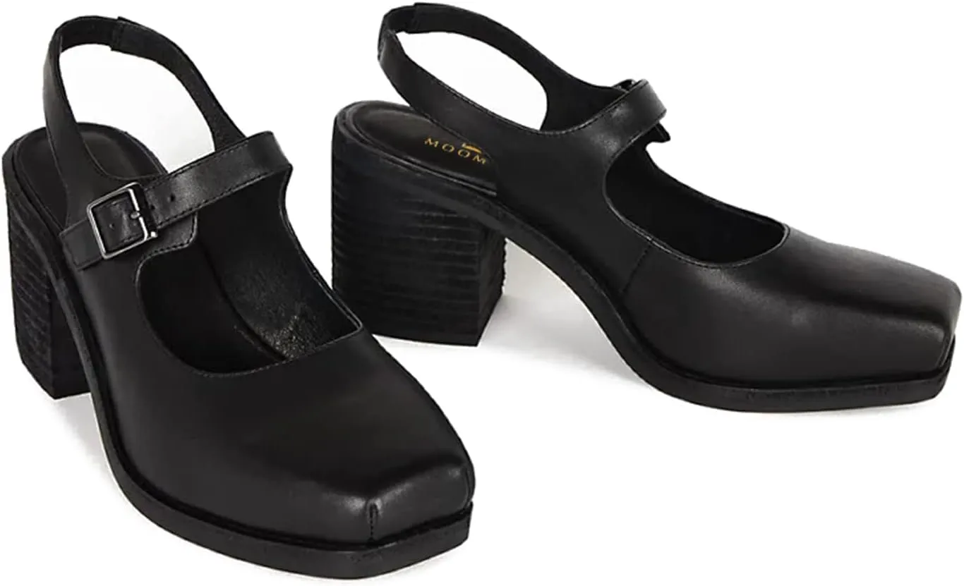 MOOMMO Women Block High Heel Slingback Mary Jane Pumps Platform Square Toe Ankle Buckle Strap Closed Toe Sandals 3 Inch Stacked Chunky Heel Dress Pumps Matte Vintage Comfy Office Daily 4-11 M US
