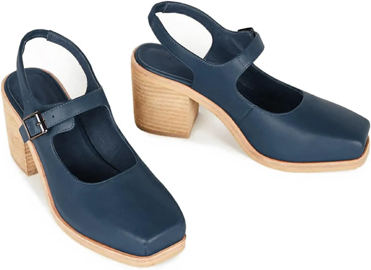 MOOMMO Women Block High Heel Slingback Mary Jane Pumps Platform Square Toe Ankle Buckle Strap Closed Toe Sandals 3 Inch Stacked Chunky Heel Dress Pumps Matte Vintage Comfy Office Daily 4-11 M US