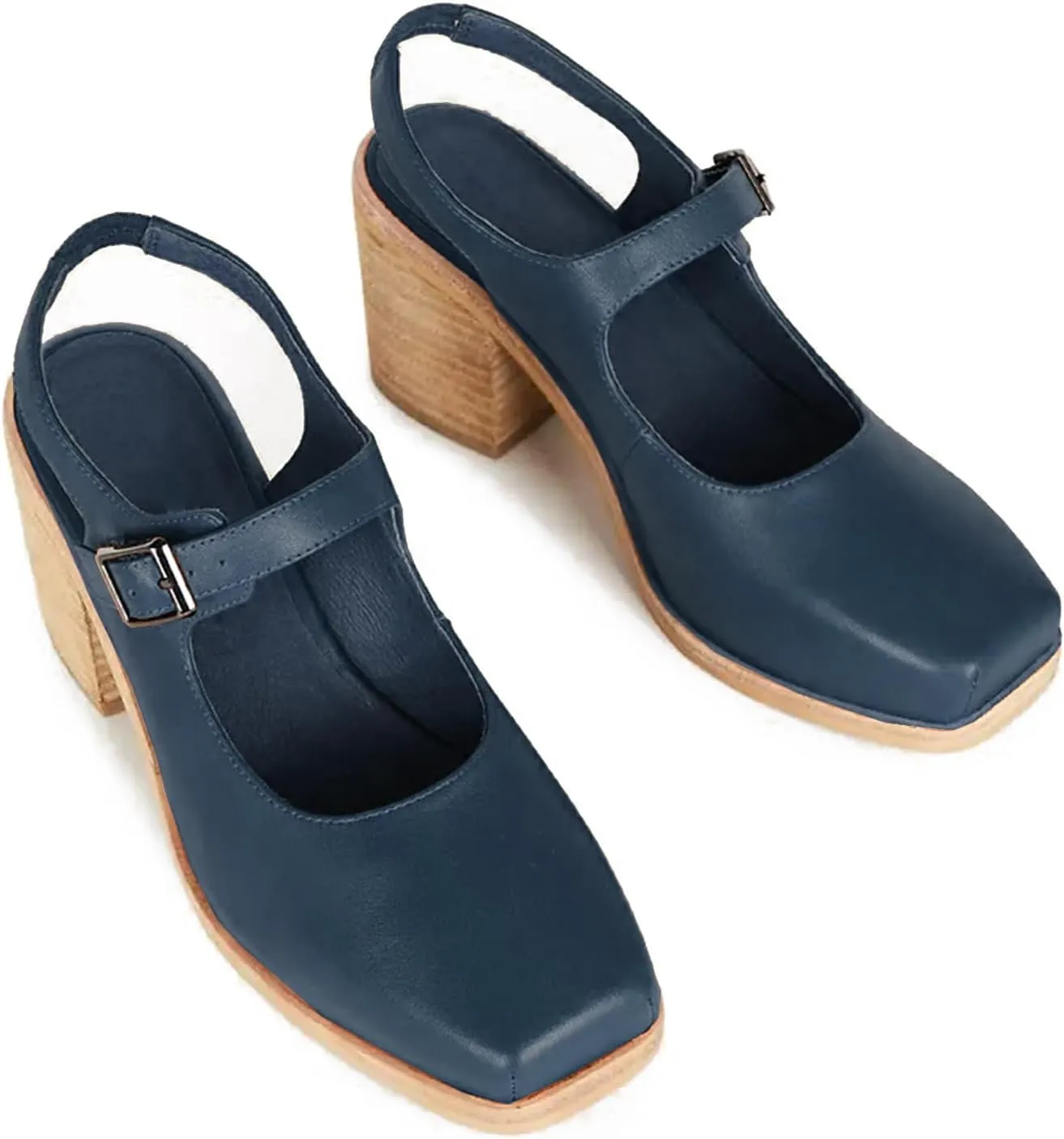MOOMMO Women Block High Heel Slingback Mary Jane Pumps Platform Square Toe Ankle Buckle Strap Closed Toe Sandals 3 Inch Stacked Chunky Heel Dress Pumps Matte Vintage Comfy Office Daily 4-11 M US