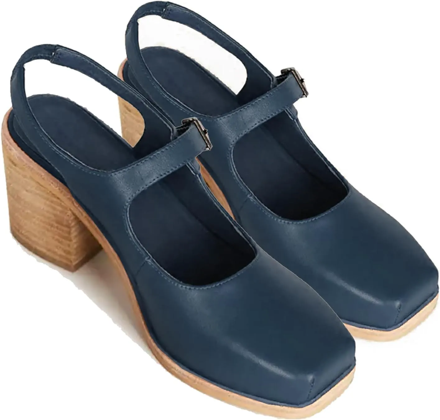 MOOMMO Women Block High Heel Slingback Mary Jane Pumps Platform Square Toe Ankle Buckle Strap Closed Toe Sandals 3 Inch Stacked Chunky Heel Dress Pumps Matte Vintage Comfy Office Daily 4-11 M US