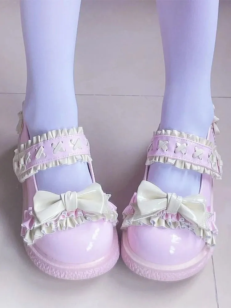 MQTIME  -  Lolita Kawaii Mary Janes Shoes Women Slip-on Japanese Sweet Flat Shoes Ladies Butterfly-knot Cute Fashion Round Toe Shoes Summer