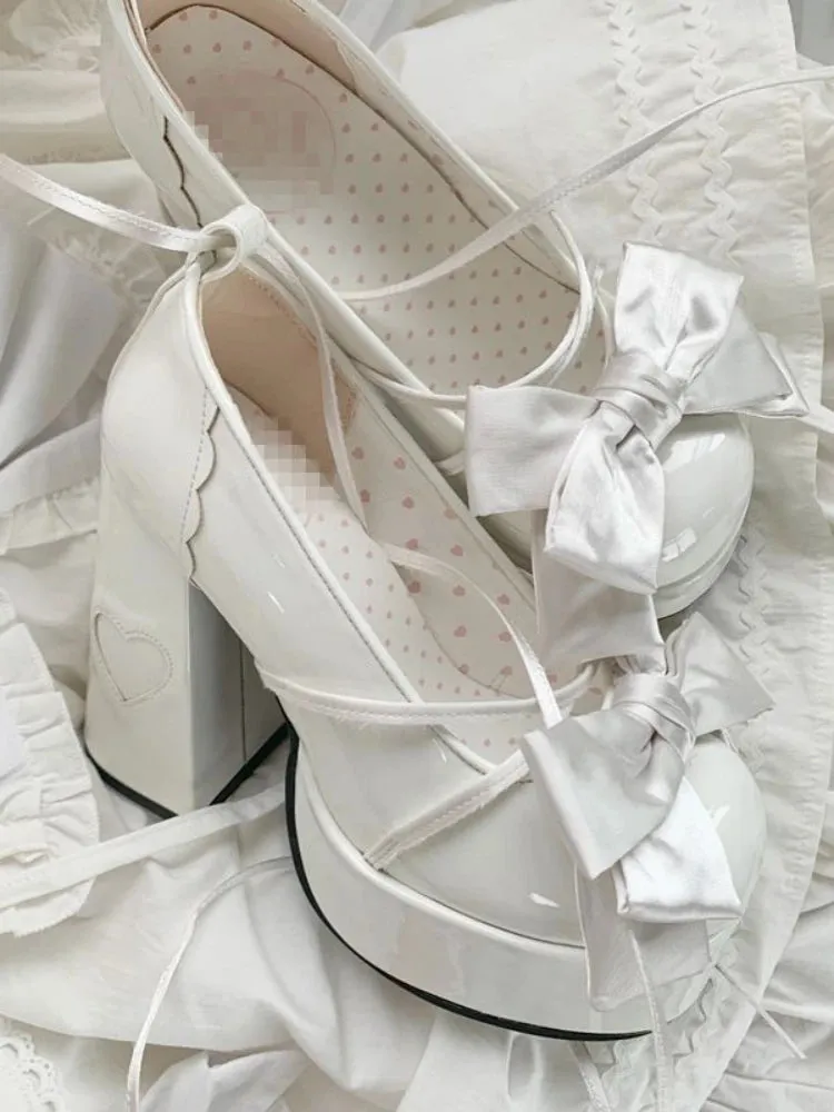 MQTIME  -  Pink Sweet Lolita Mary Janes Shoes Women Japanese Princess Kawaii High Heels Shoes Female Bow French Vintage Platform Shoes 2024