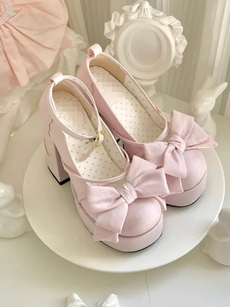 MQTIME  -  Pink Sweet Lolita Mary Janes Shoes Women Japanese Princess Kawaii High Heels Shoes Female Bow French Vintage Platform Shoes 2024