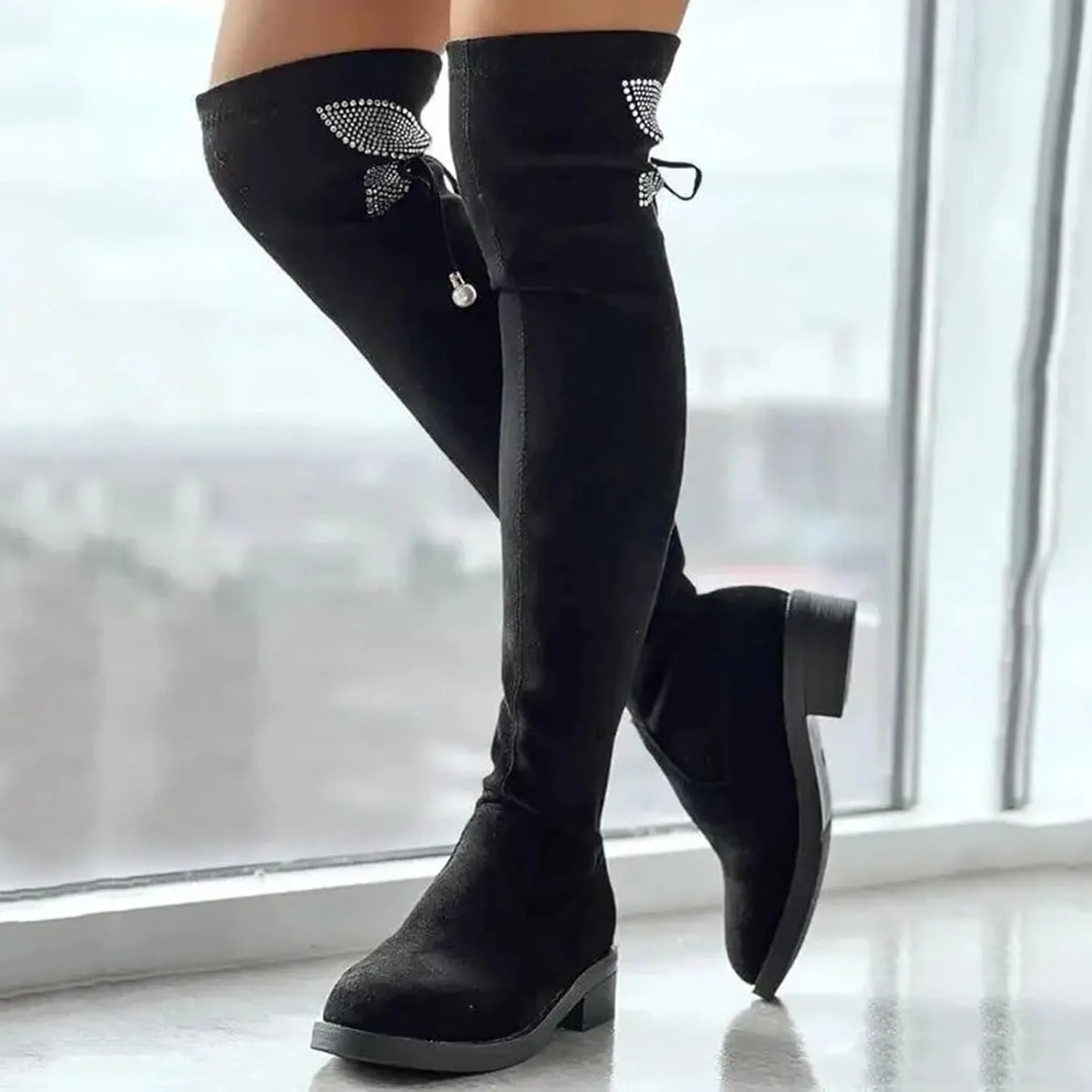 Over The Knee Boots for Women Knee High Boots Chunky Heel Rhinestone Bow Long Boots High Heel Slim Stretchy Boots