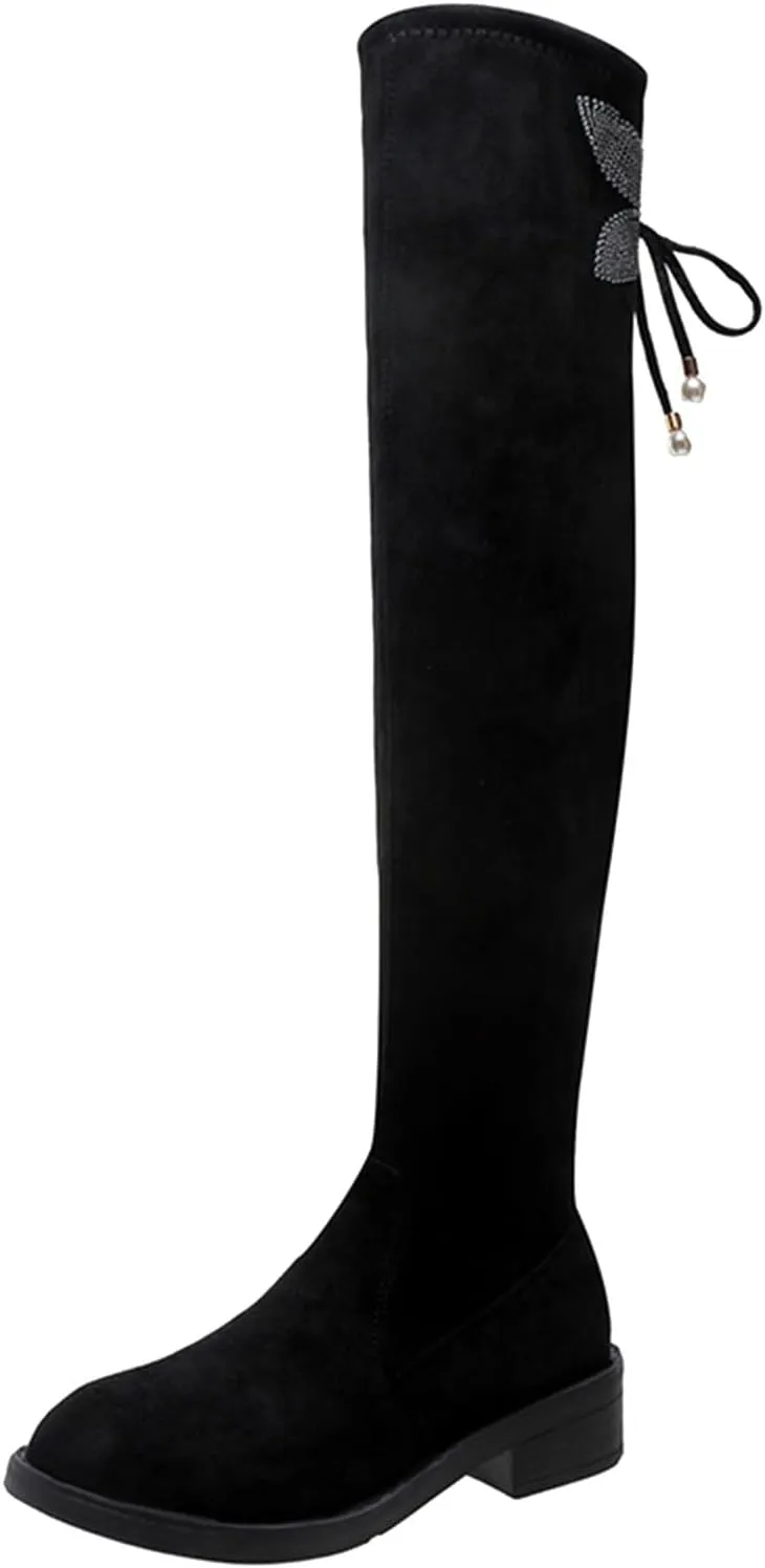 Over The Knee Boots for Women Knee High Boots Chunky Heel Rhinestone Bow Long Boots High Heel Slim Stretchy Boots