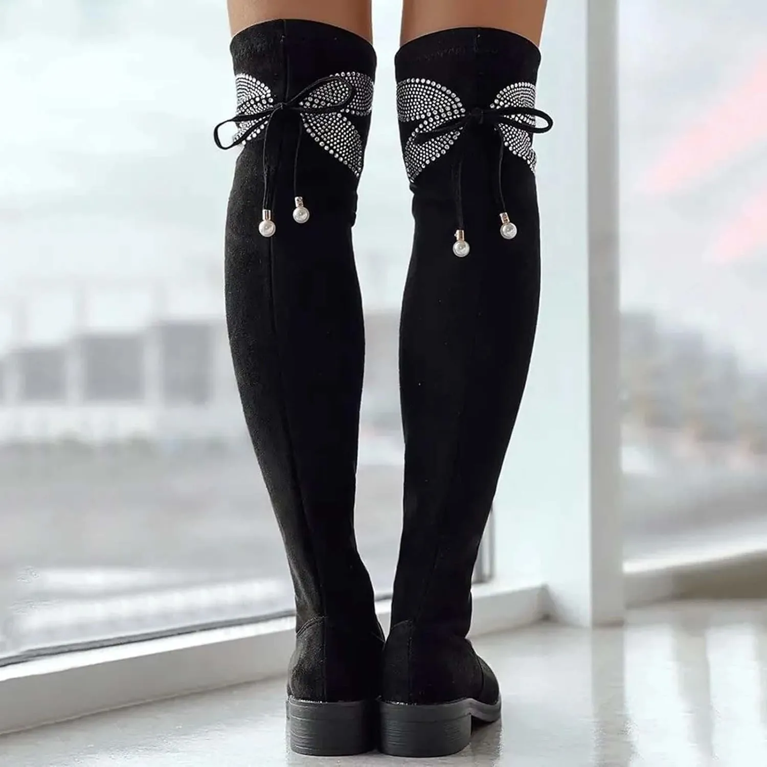 Over The Knee Boots for Women Knee High Boots Chunky Heel Rhinestone Bow Long Boots High Heel Slim Stretchy Boots