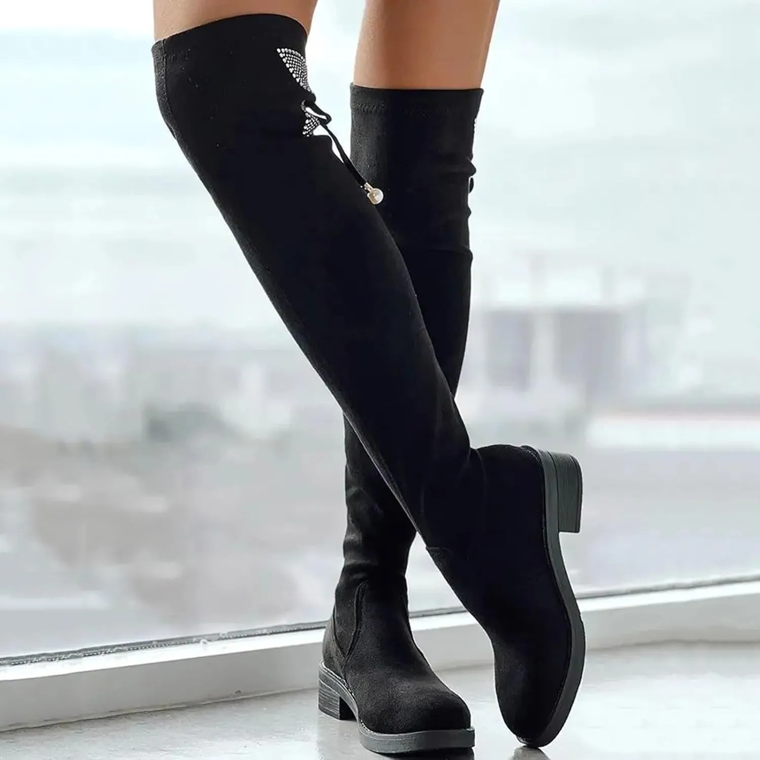 Over The Knee Boots for Women Knee High Boots Chunky Heel Rhinestone Bow Long Boots High Heel Slim Stretchy Boots