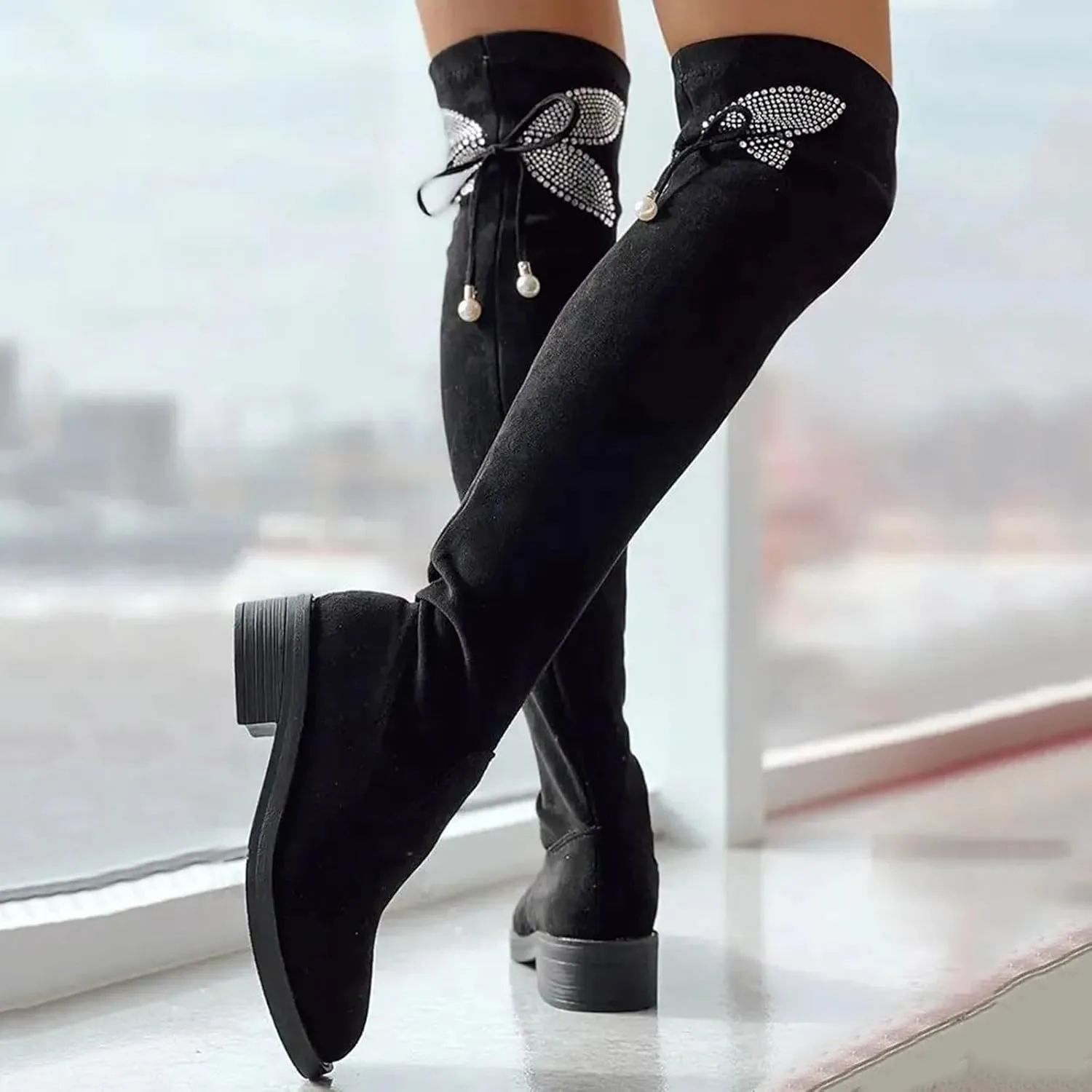 Over The Knee Boots for Women Knee High Boots Chunky Heel Rhinestone Bow Long Boots High Heel Slim Stretchy Boots