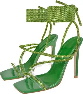 richealnini Women's Sparkly Clear Lace Up Ankle Strap High Heel Sandals