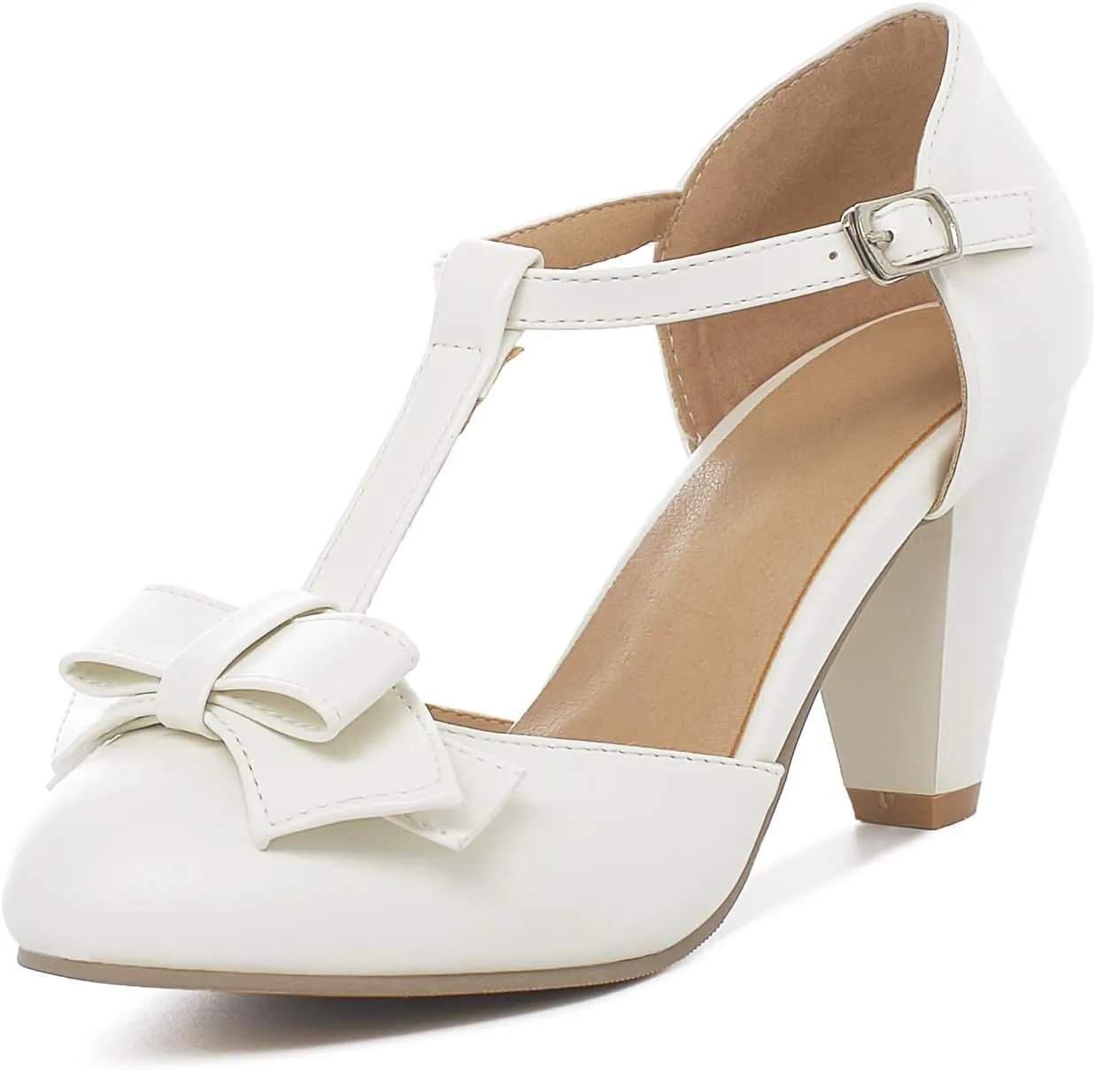Shinelly Women Rockabilly Sweet T-Strap Cone Heel Mary Janes Adorable Round Toe Pumps with Bows