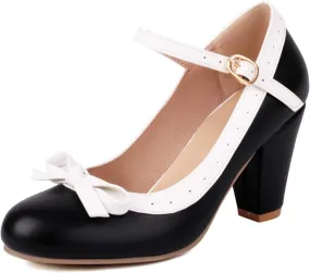 Shinelly Women Rockabilly Sweet T-Strap Cone Heel Mary Janes Adorable Round Toe Pumps with Bows