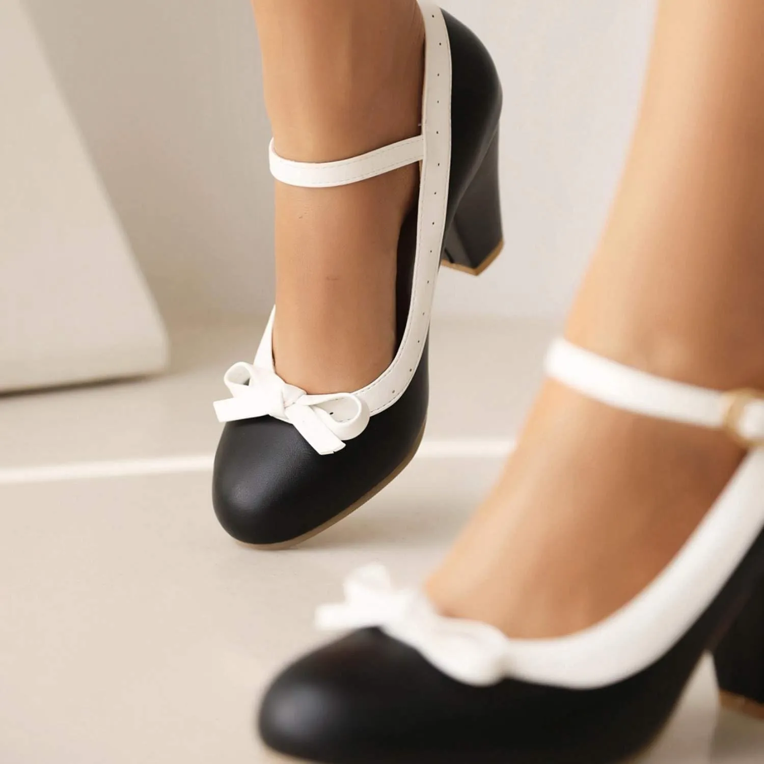 Shinelly Women Rockabilly Sweet T-Strap Cone Heel Mary Janes Adorable Round Toe Pumps with Bows