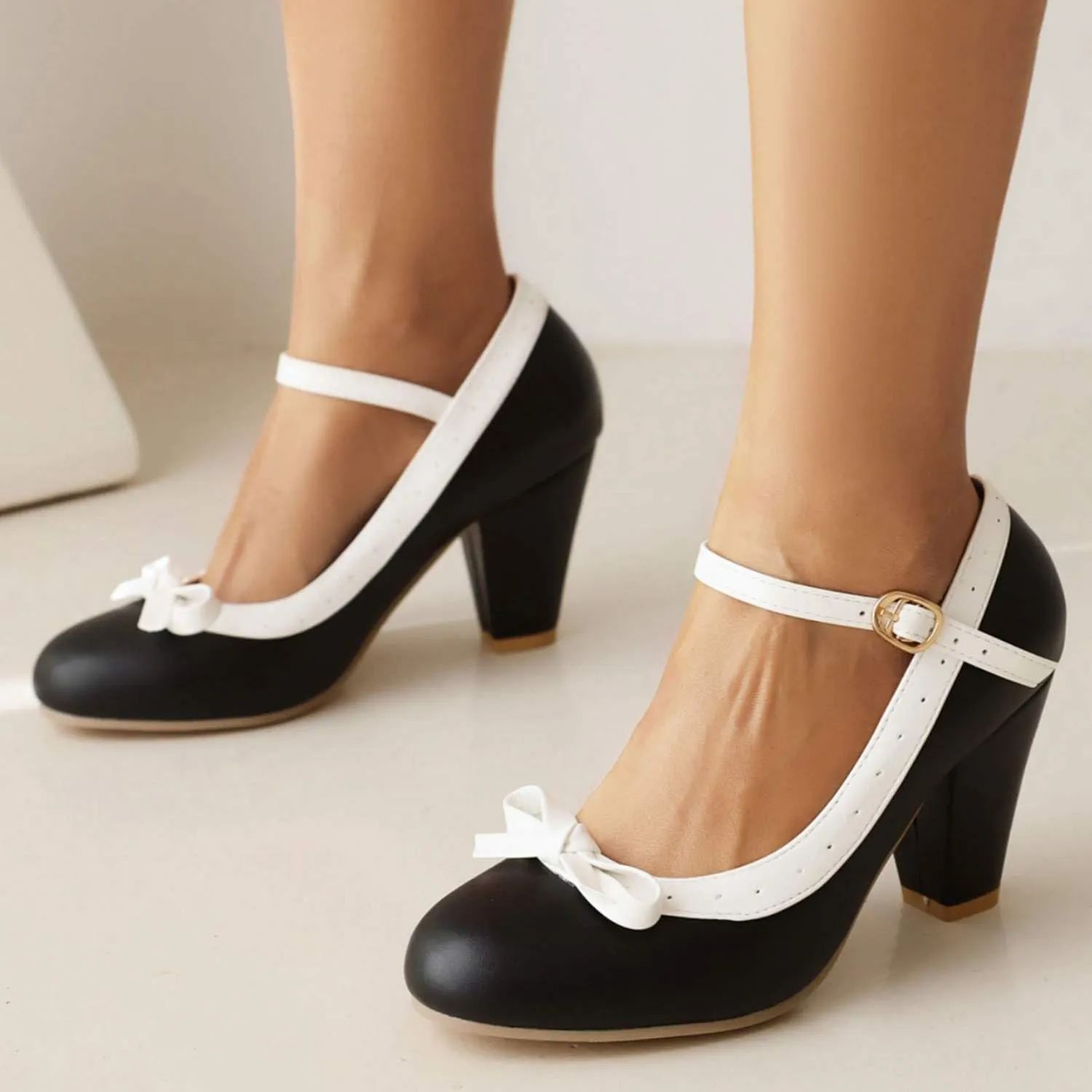 Shinelly Women Rockabilly Sweet T-Strap Cone Heel Mary Janes Adorable Round Toe Pumps with Bows