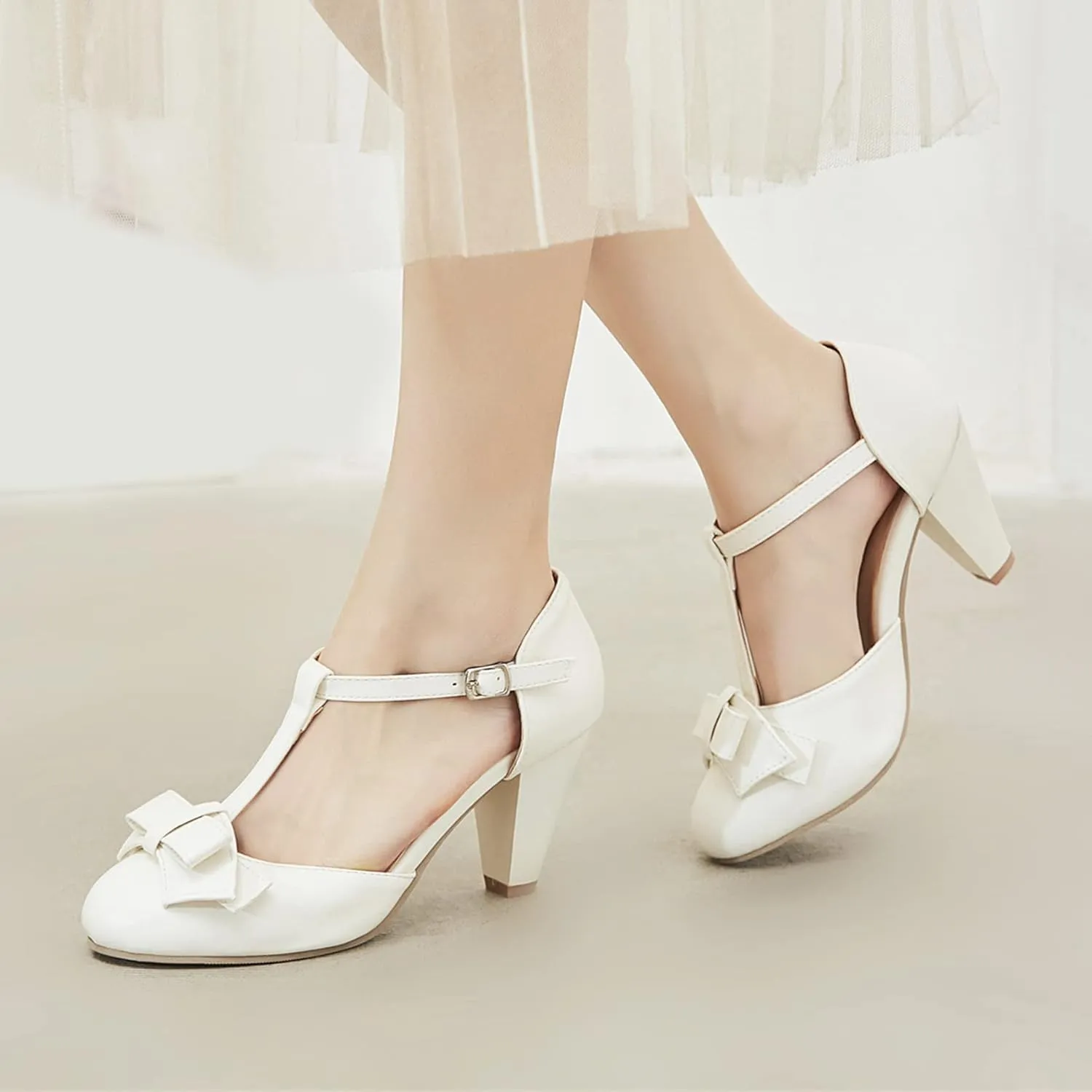 Shinelly Women Rockabilly Sweet T-Strap Cone Heel Mary Janes Adorable Round Toe Pumps with Bows