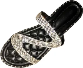 Shiny Rhinestone Flat Sandals for Women Open Toe Slip On Flip Flops Summer Outdoor Beach Travel Flats Party Club Shoes
