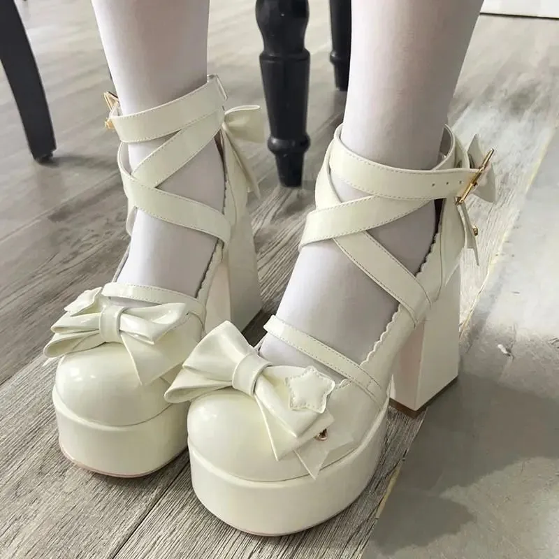 Sohiwoo New Women Mary Janes High Heels Shoes Chunky Sandals Summer Fashion Retro Bow Lolita Shoes Party Platform Pumps