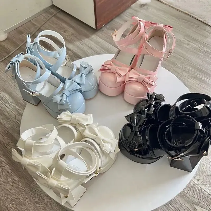 Sohiwoo New Women Mary Janes High Heels Shoes Chunky Sandals Summer Fashion Retro Bow Lolita Shoes Party Platform Pumps