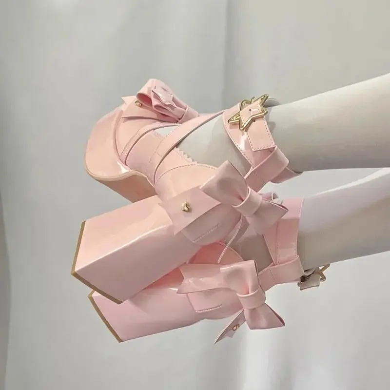 Sohiwoo New Women Mary Janes High Heels Shoes Chunky Sandals Summer Fashion Retro Bow Lolita Shoes Party Platform Pumps