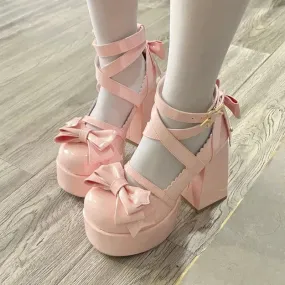 Sohiwoo New Women Mary Janes High Heels Shoes Chunky Sandals Summer Fashion Retro Bow Lolita Shoes Party Platform Pumps