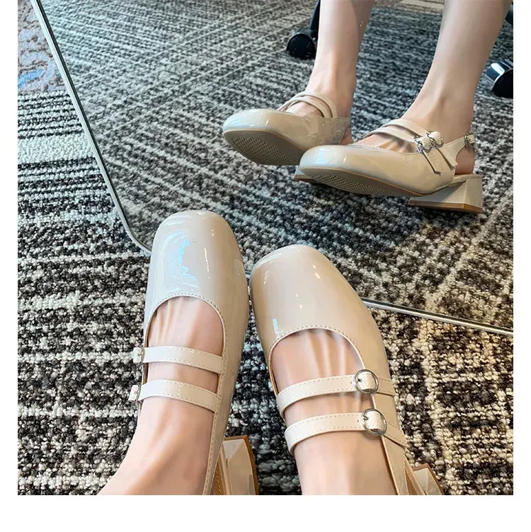Sohiwoo women Red retro style thick heeled Mary Jane shoes flat medium heeled soft leather single shoes
