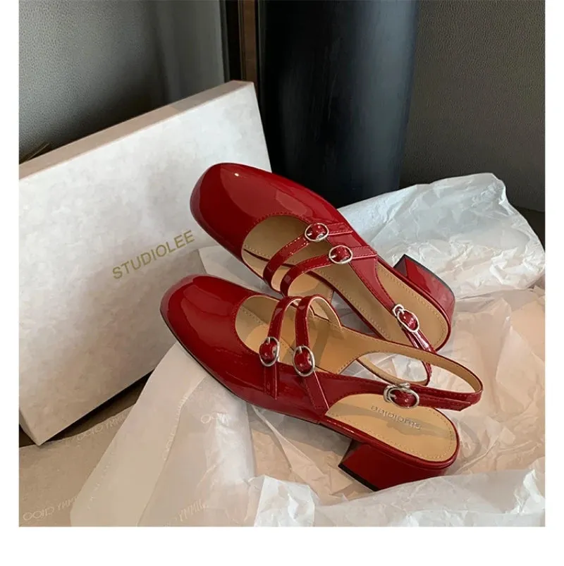 Sohiwoo women Red retro style thick heeled Mary Jane shoes flat medium heeled soft leather single shoes