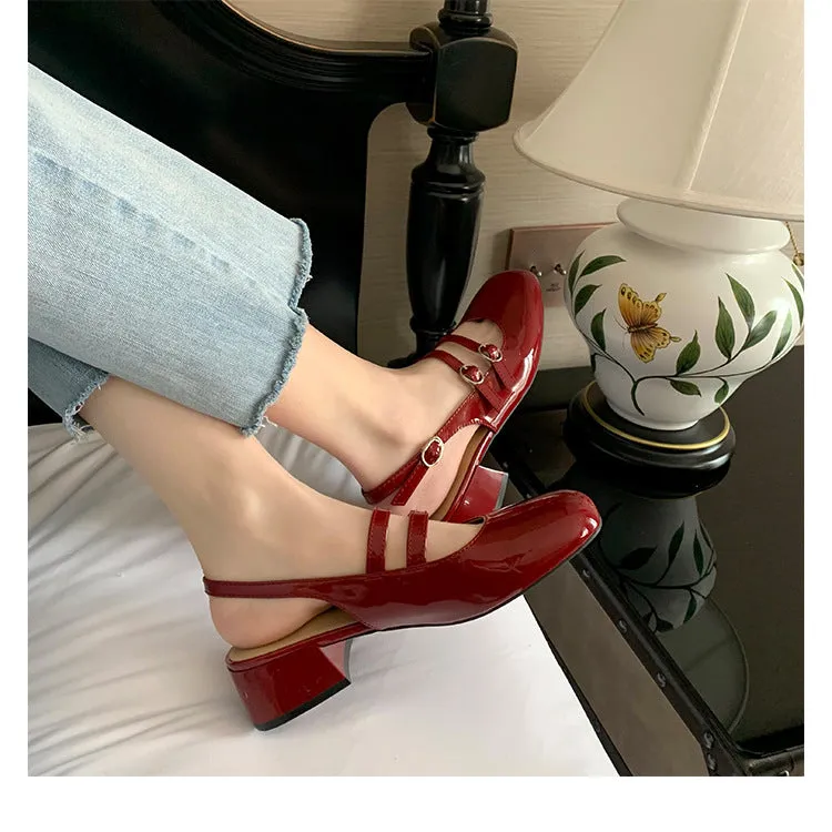 Sohiwoo women Red retro style thick heeled Mary Jane shoes flat medium heeled soft leather single shoes