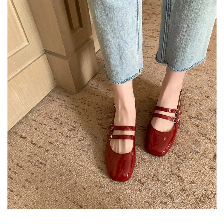 Sohiwoo women Red retro style thick heeled Mary Jane shoes flat medium heeled soft leather single shoes