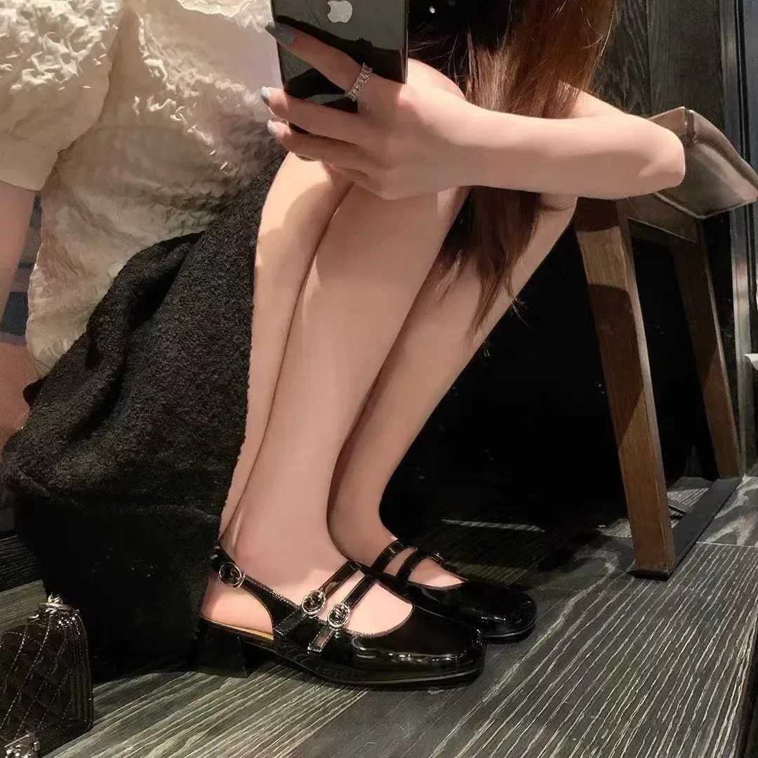 Sohiwoo women Red retro style thick heeled Mary Jane shoes flat medium heeled soft leather single shoes