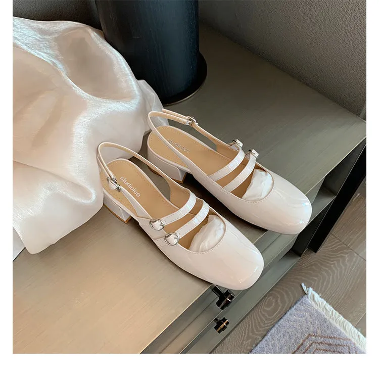 Sohiwoo women Red retro style thick heeled Mary Jane shoes flat medium heeled soft leather single shoes