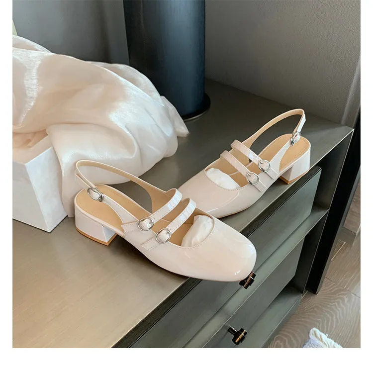Sohiwoo women Red retro style thick heeled Mary Jane shoes flat medium heeled soft leather single shoes