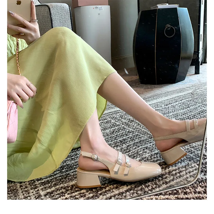 Sohiwoo women Red retro style thick heeled Mary Jane shoes flat medium heeled soft leather single shoes
