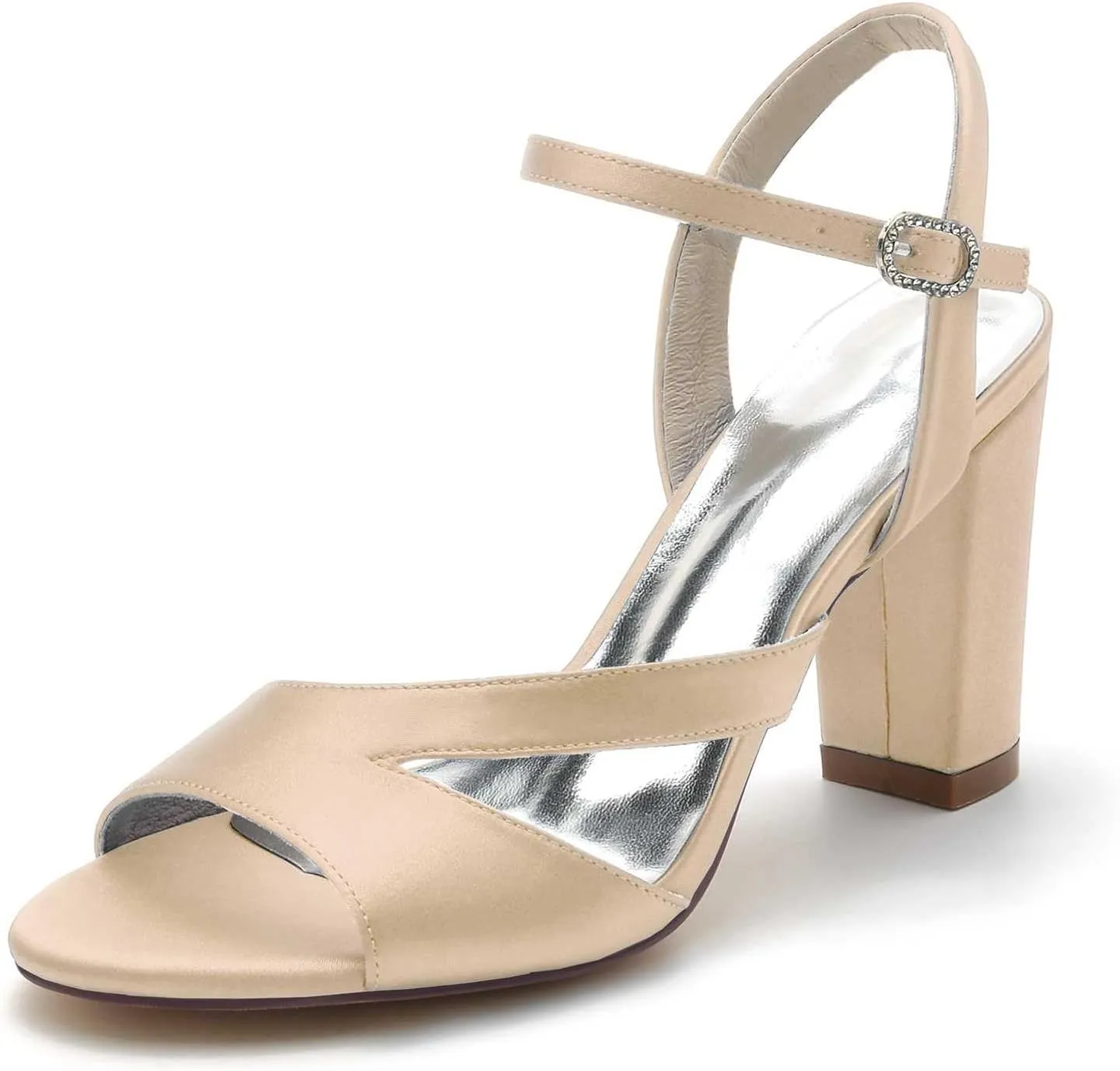 TarfiC Mid Heel Shoes for Women Round Toe Slingback Rhinestone Open Toe Mary Jane Buckle Satin Dress Pumps Evening Prom Wedding Shoes