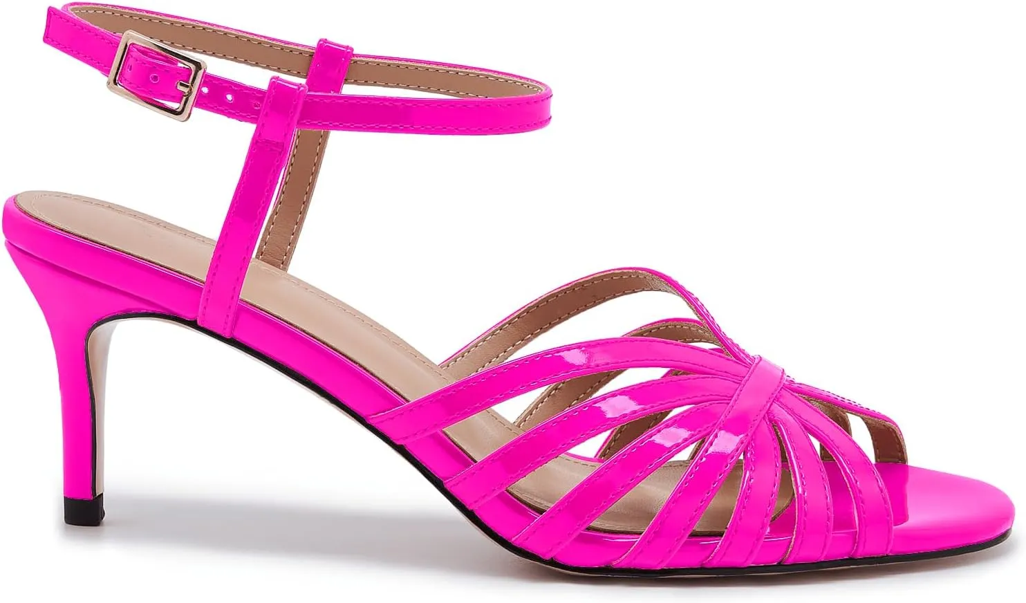 Women's Black and Gold Heels  Strappy Patent Leather Open Toe Sandals with Ankle Strap  Elegant High Heels for Party, Wedding, or Evening