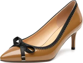 Womens Bow Mid Stiletto Pumps Sexy Patent Pointed Toe Evening Wedding Stiletto Mid Heel Pumps Dress Shoes 2.5 Inch