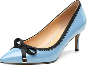 Womens Bow Mid Stiletto Pumps Sexy Patent Pointed Toe Evening Wedding Stiletto Mid Heel Pumps Dress Shoes 2.5 Inch