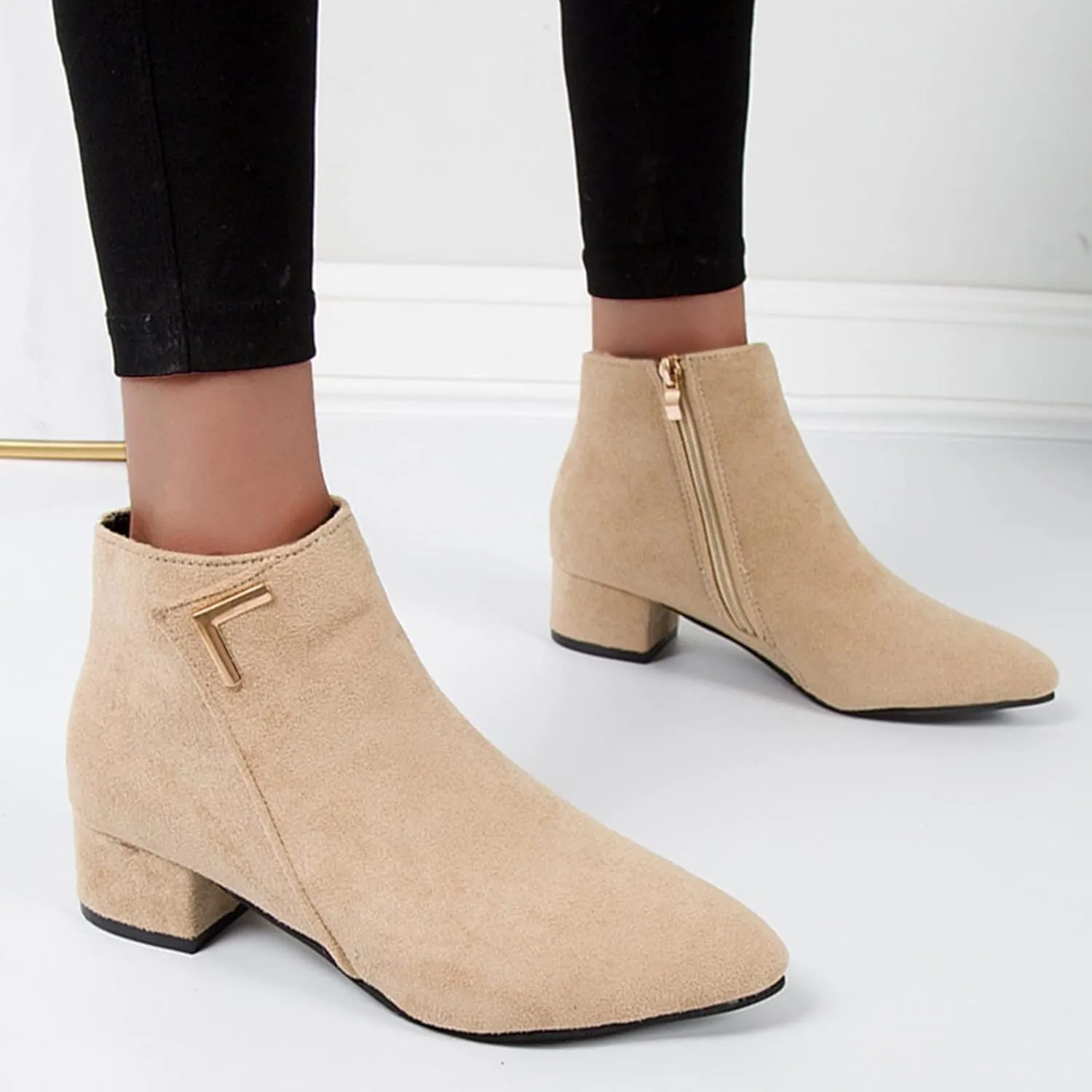 Women's Fall Ankle Boots Classic Chunky Block Low Heel Booties Pointed Toe Side Zipper Dress Booties for Ladies