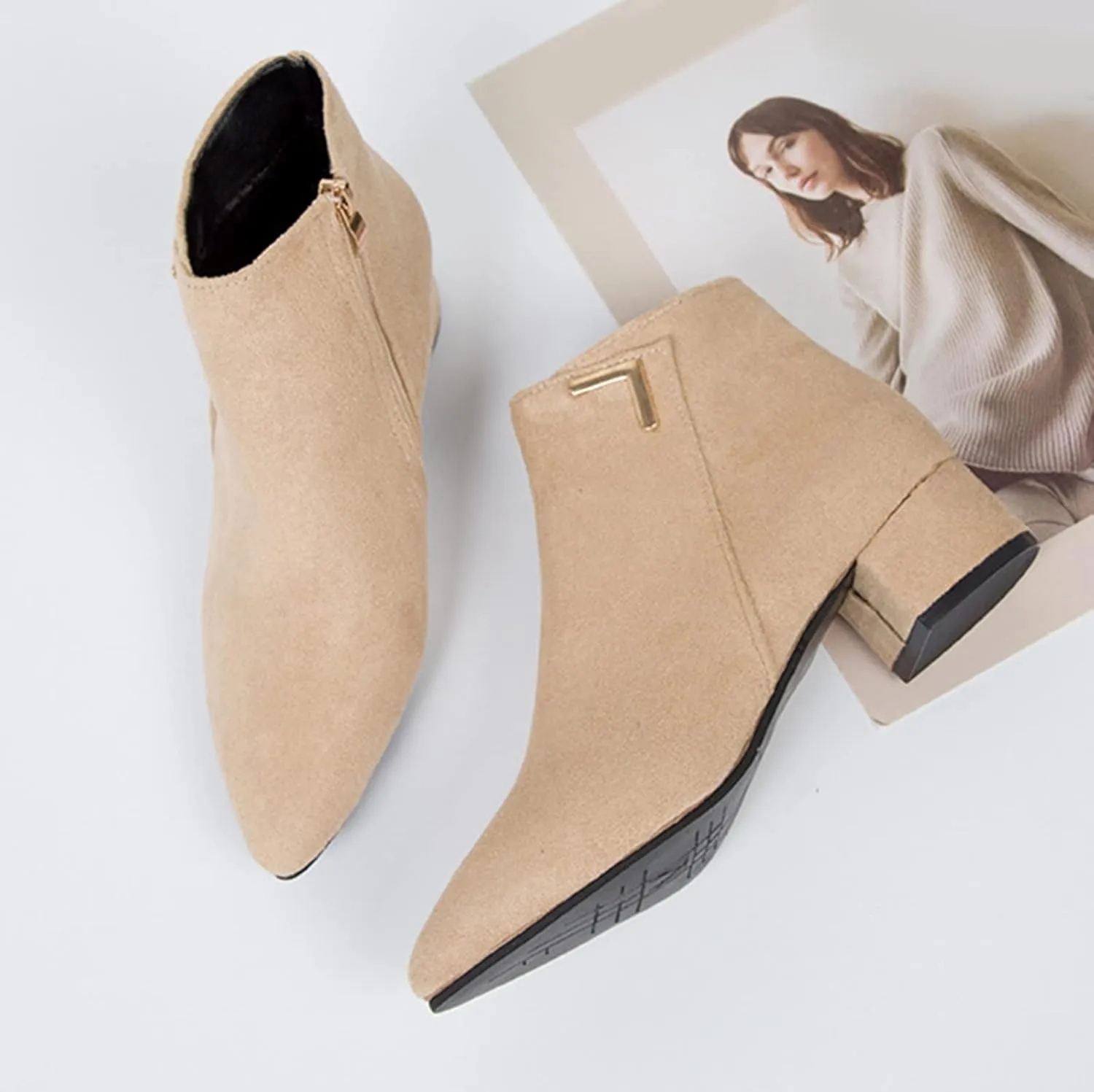 Women's Fall Ankle Boots Classic Chunky Block Low Heel Booties Pointed Toe Side Zipper Dress Booties for Ladies