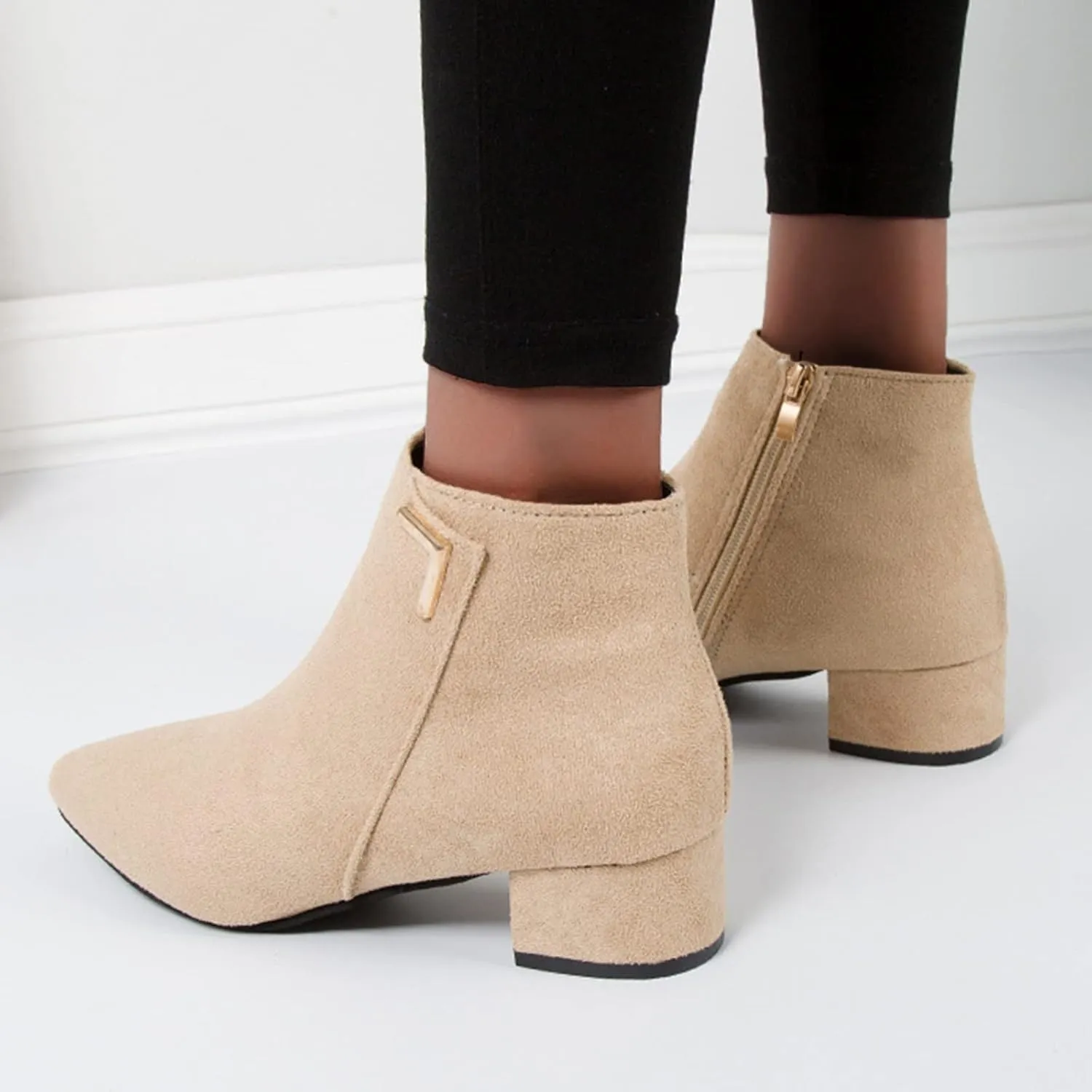 Women's Fall Ankle Boots Classic Chunky Block Low Heel Booties Pointed Toe Side Zipper Dress Booties for Ladies