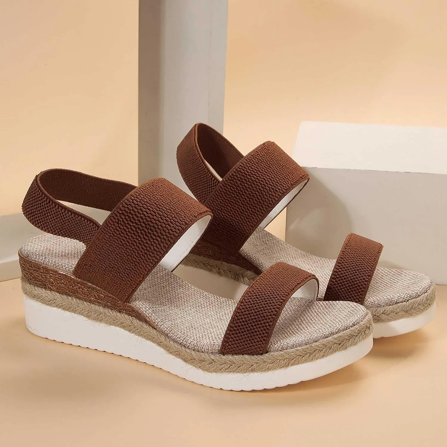 Women's Thick Strappy Stretch Sandal Solid Open Toe Wedge High Heel Casual Summer Spring Sandals Platform Beach Shoe