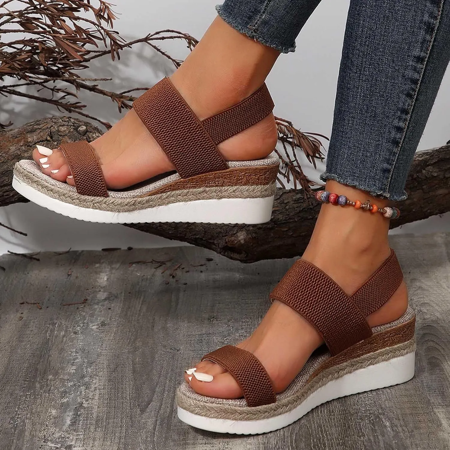 Women's Thick Strappy Stretch Sandal Solid Open Toe Wedge High Heel Casual Summer Spring Sandals Platform Beach Shoe