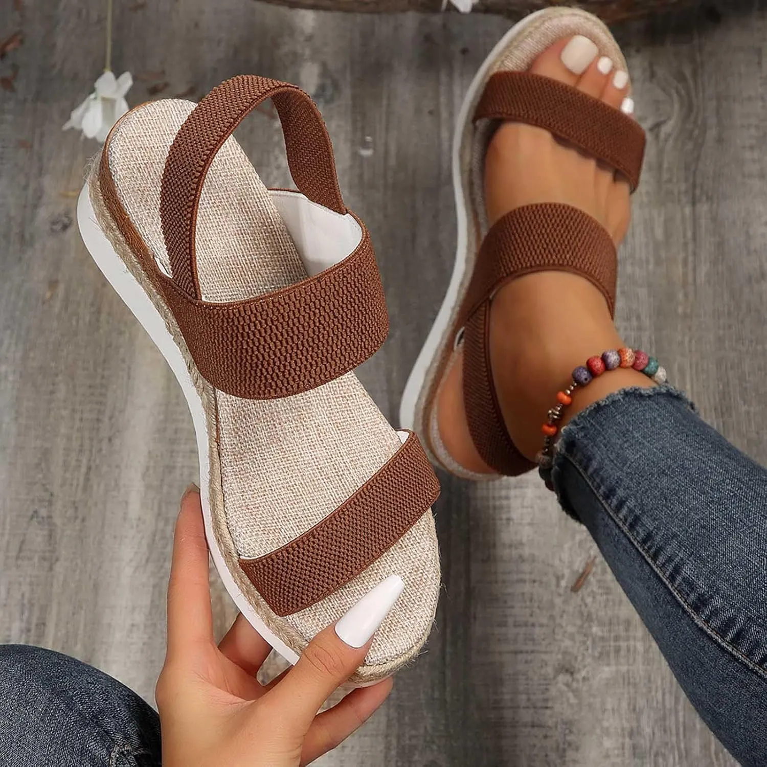 Women's Thick Strappy Stretch Sandal Solid Open Toe Wedge High Heel Casual Summer Spring Sandals Platform Beach Shoe