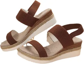 Women's Thick Strappy Stretch Sandal Solid Open Toe Wedge High Heel Casual Summer Spring Sandals Platform Beach Shoe